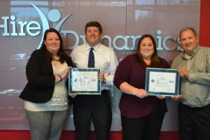 Jasmine Bean staffing specialist, Alpharetta Branch, Dan Campbell CEO of Hire Dynamics, Kristy Jones Branch Manager, Alpharetta Branch and Joel Seymour who presented the award.